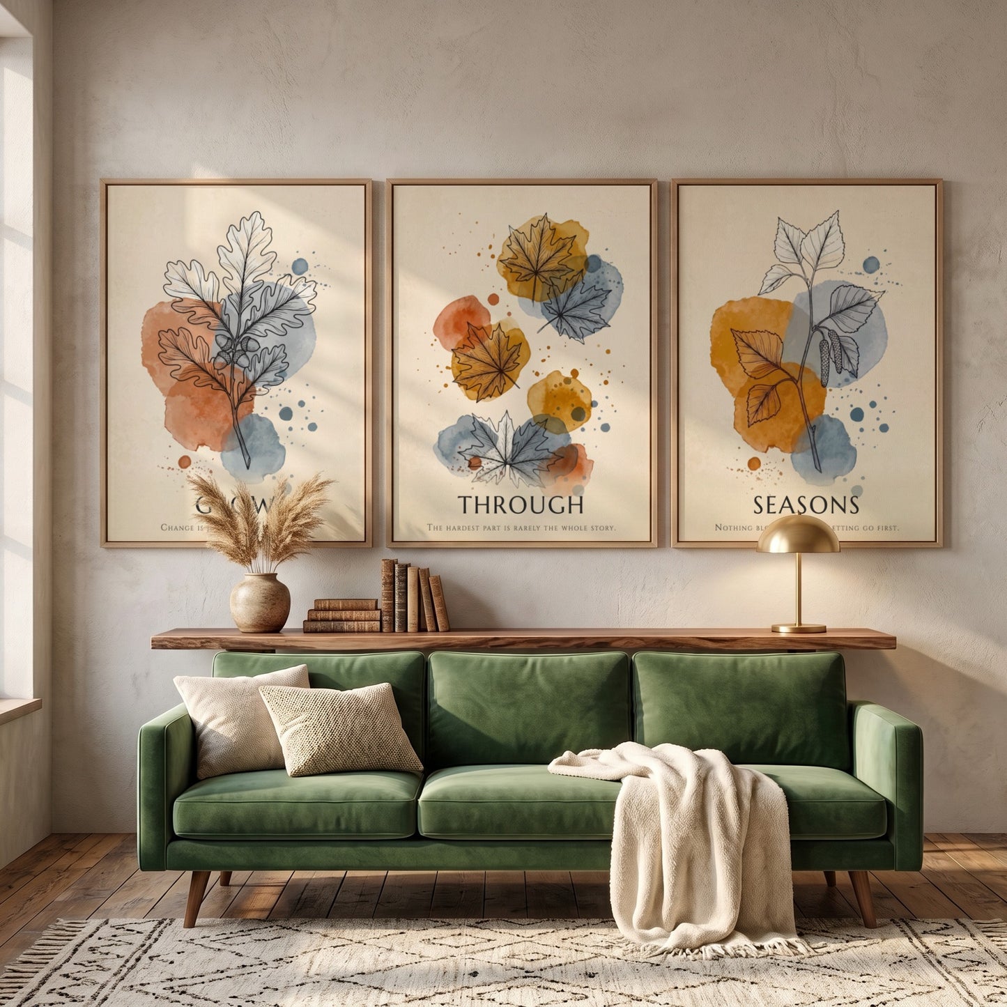 Poster triptych showing watercolour leaves in orange and blue with seasonal text captions