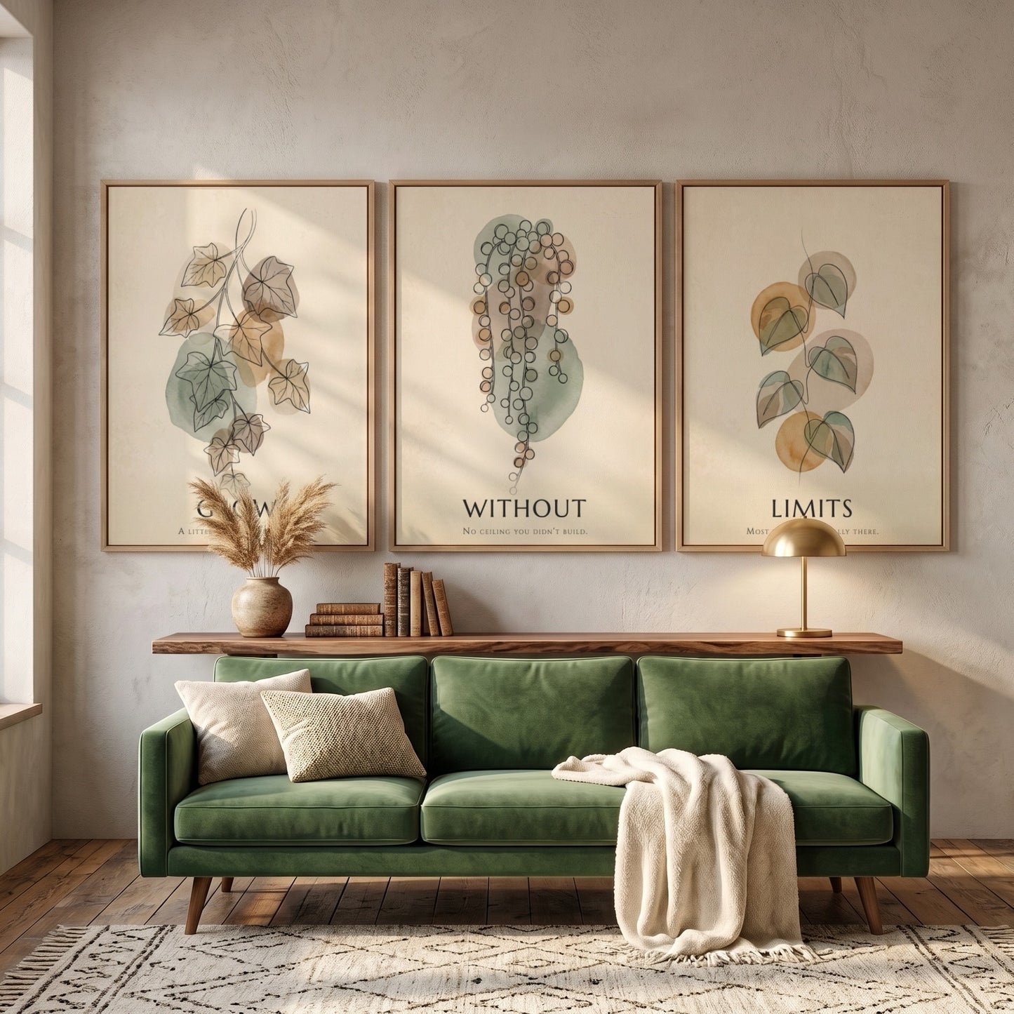Poster set featuring three botanical illustrations with sage green and ochre organic shapes