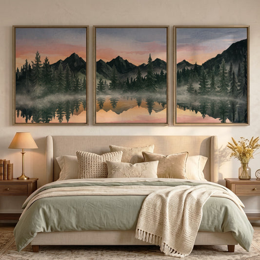 Three framed landscape prints showing misty mountains and pine trees reflected in water