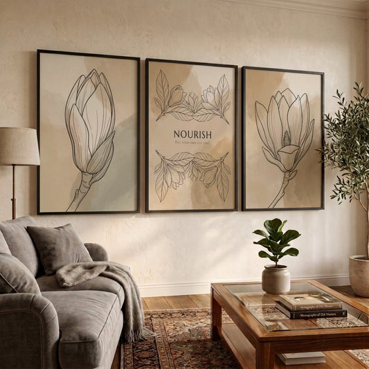 Poster set featuring Nourish text and delicate floral sketches on warm earth tones