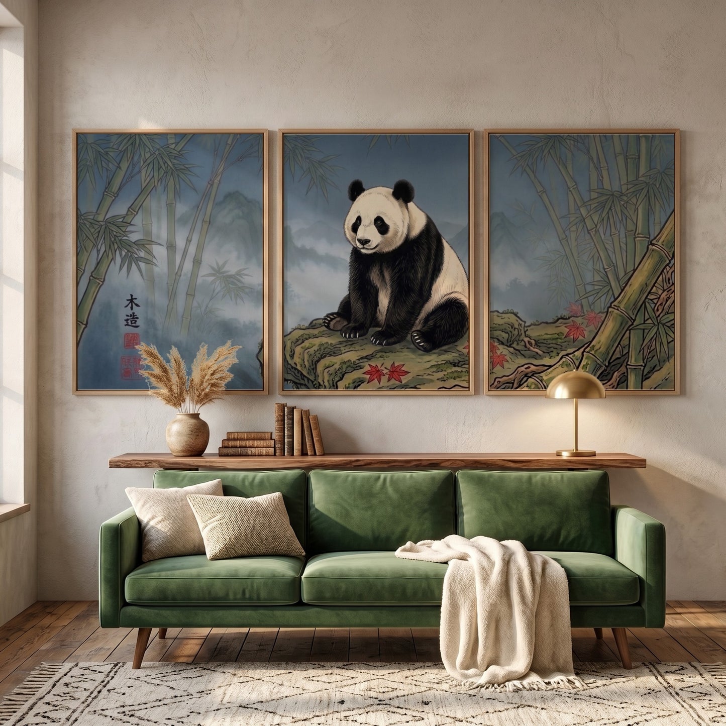 Triptych of a giant panda sitting on a rock surrounded by misty bamboo