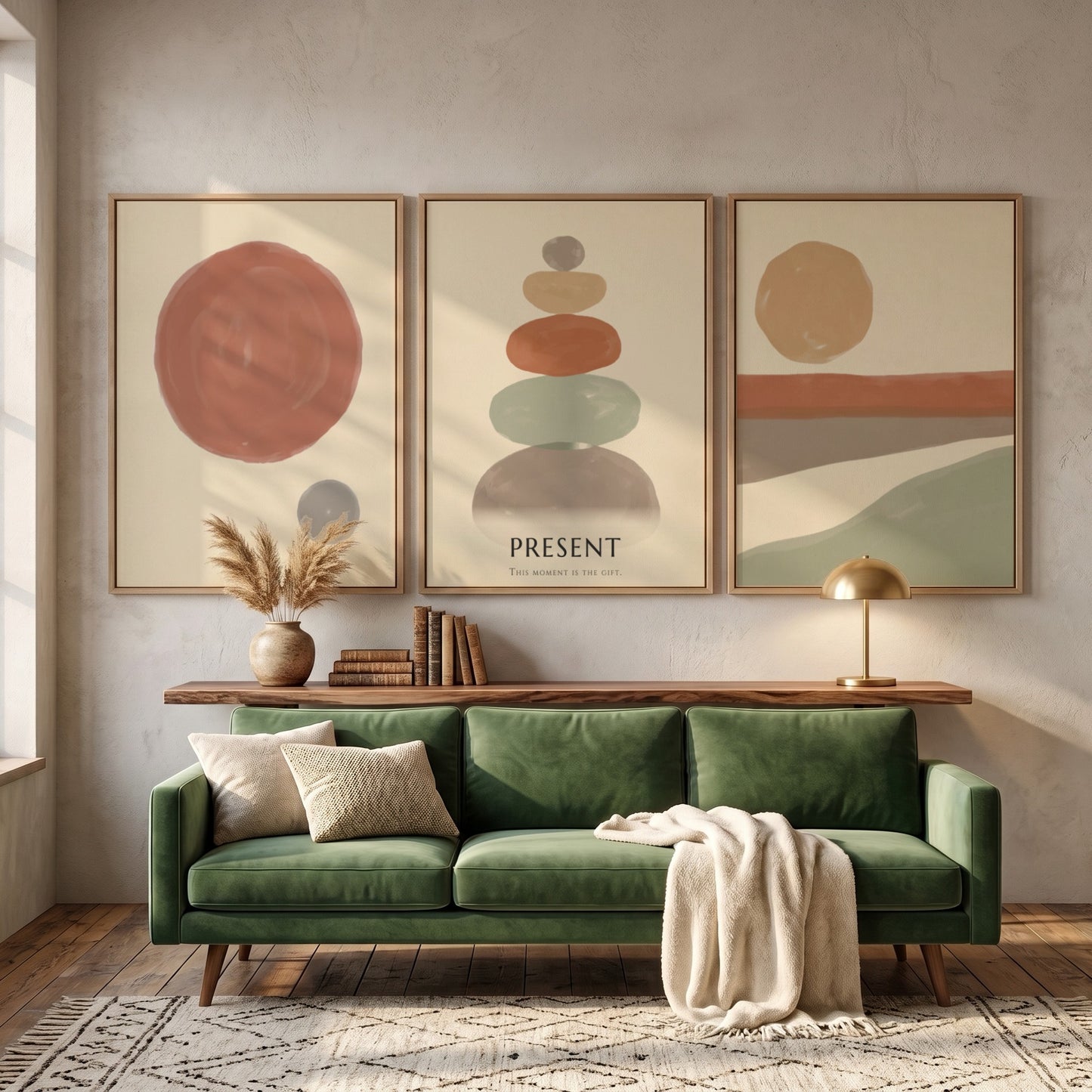 Poster set featuring a boho stone stack with earth tones and minimal circles