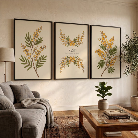 Poster triptych featuring delicate yellow mimosa flowers and the word REST on cream.
