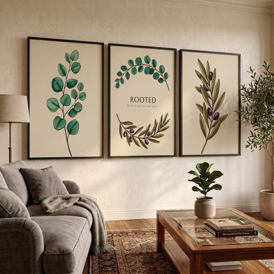 Poster set featuring illustrations of olive branches and eucalyptus leaves on cream backgrounds.