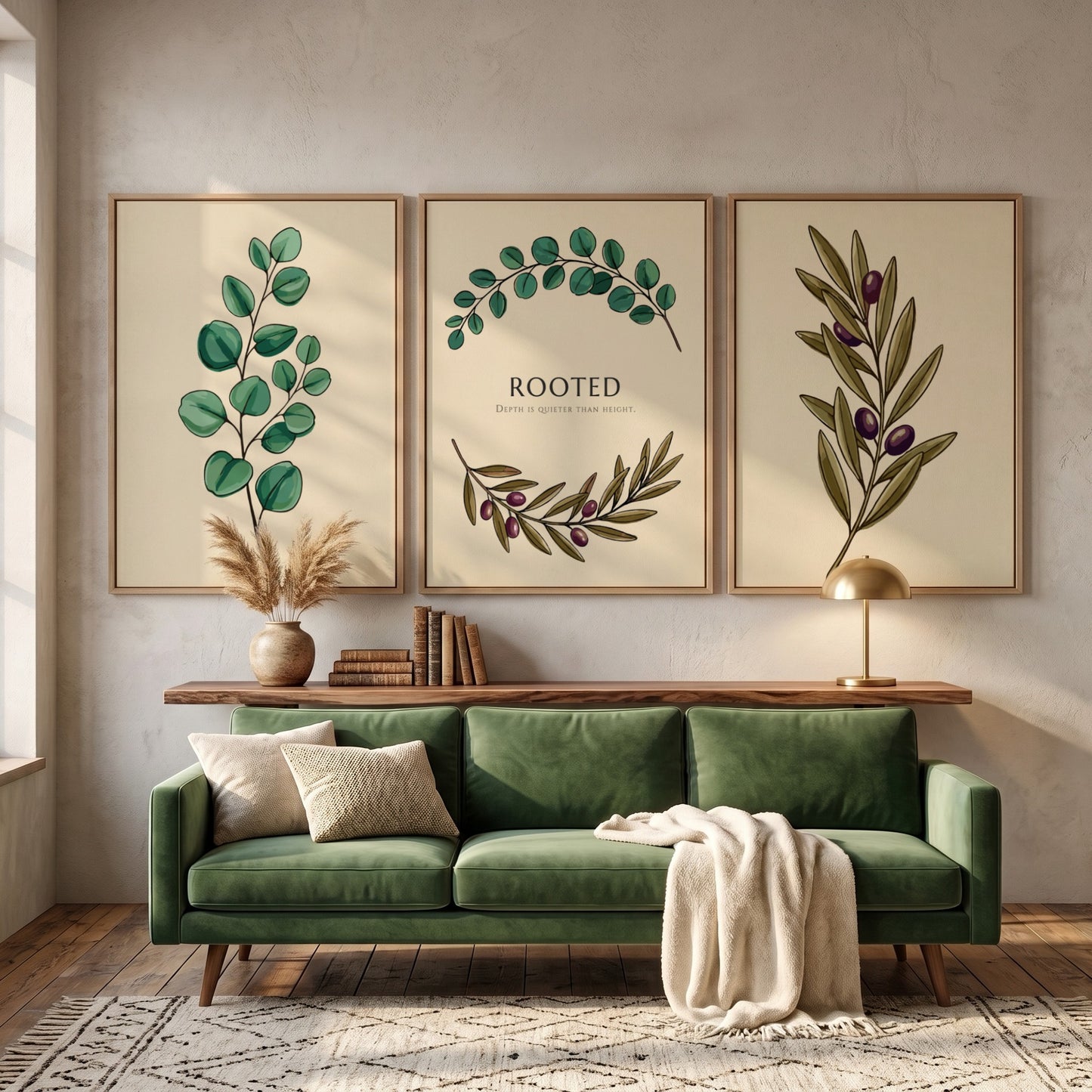 Poster set featuring illustrations of olive branches and eucalyptus leaves on cream backgrounds.