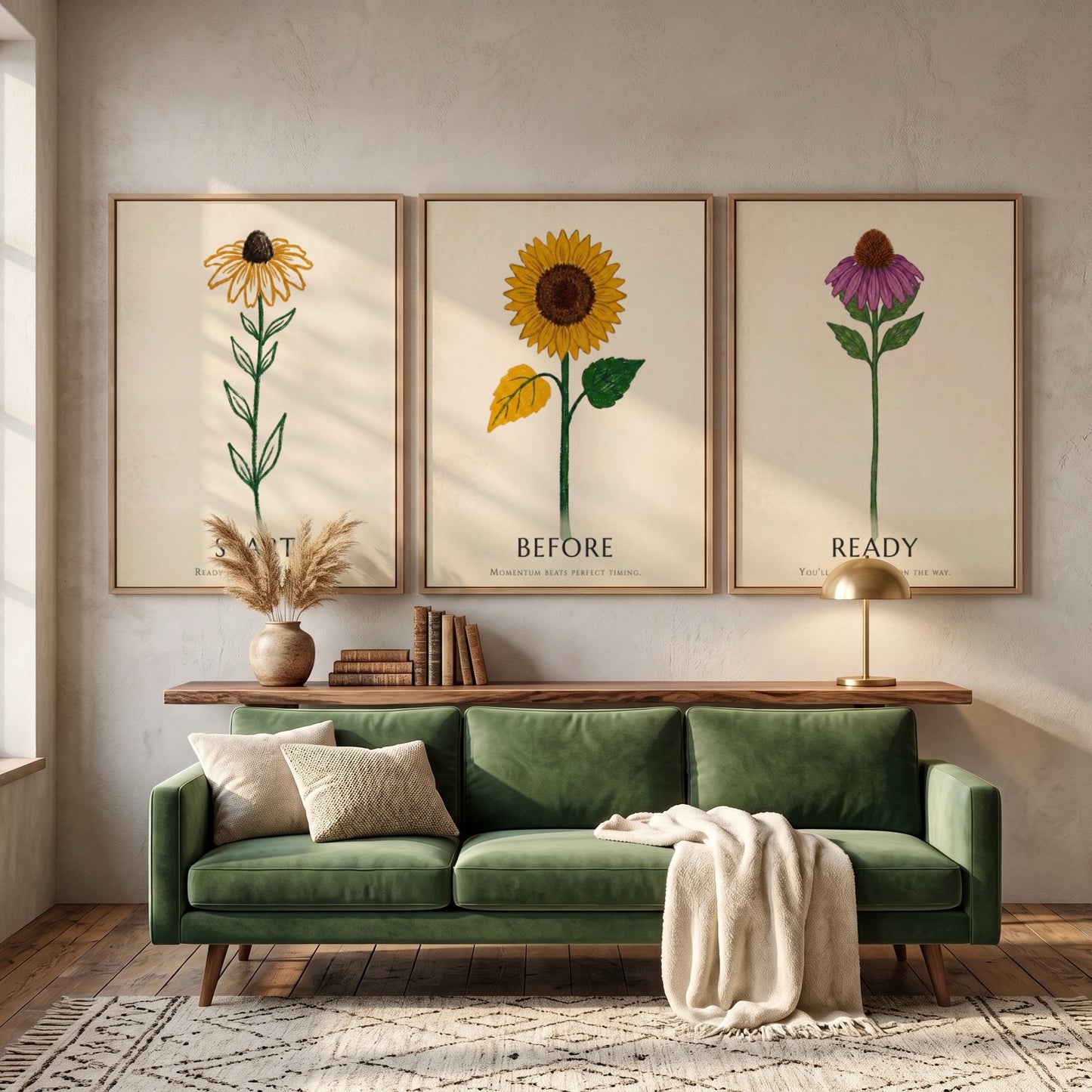 Poster set featuring three botanical flower illustrations with the words Ready Before Start