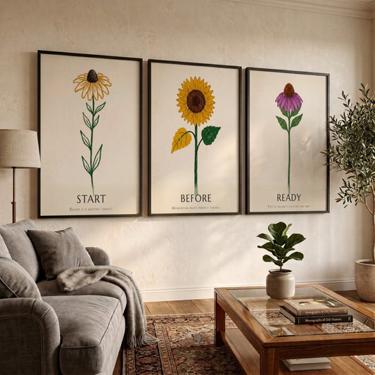 Poster set featuring three botanical flower illustrations with the words Ready Before Start