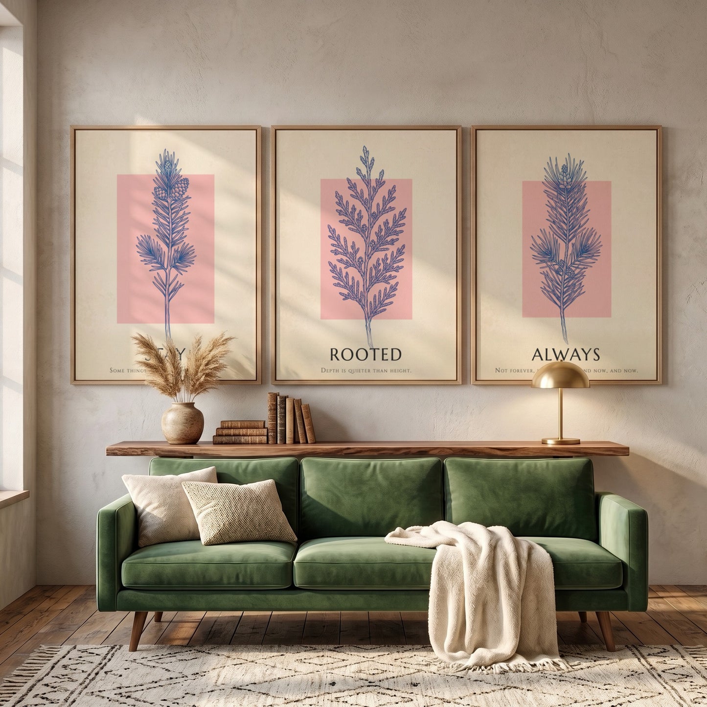 Poster set featuring three botanical prints with navy foliage on cream and blush backgrounds.
