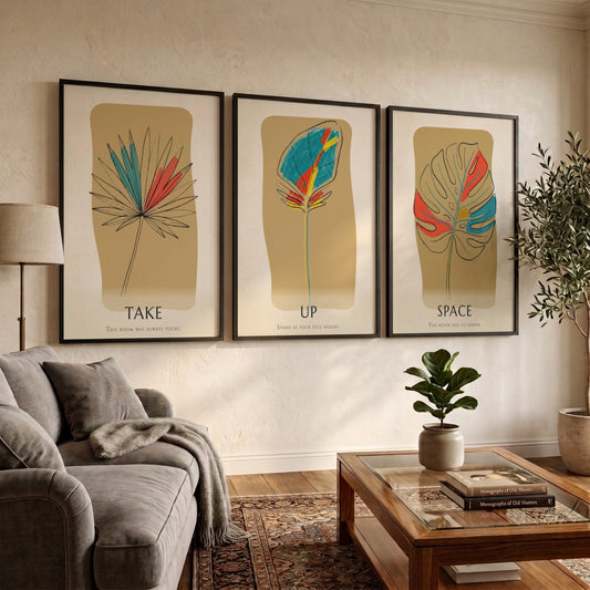 Poster set featuring three botanical leaf illustrations with minimalist text on warm ochre backgrounds.