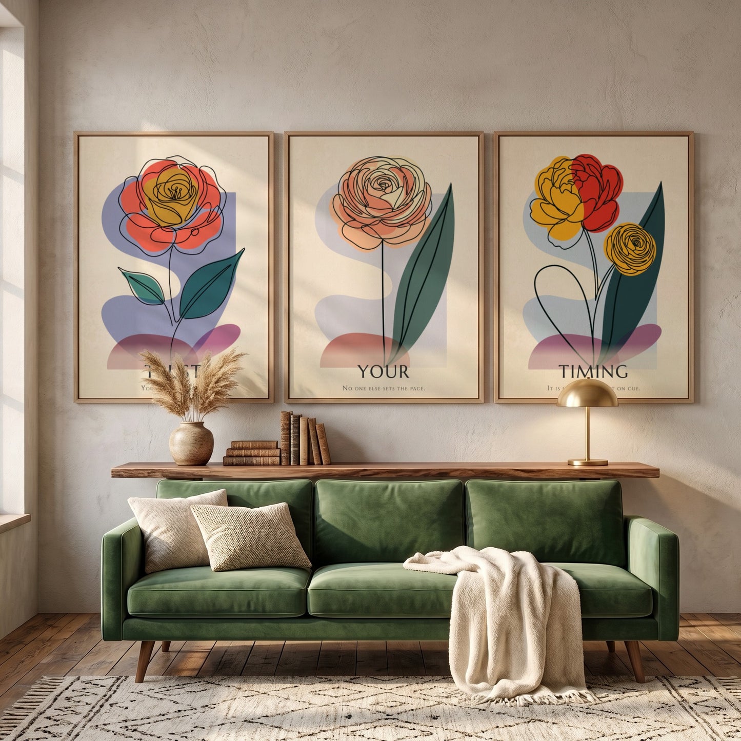 Poster set featuring three minimalist flowers with the text Trust Your Timing displayed
