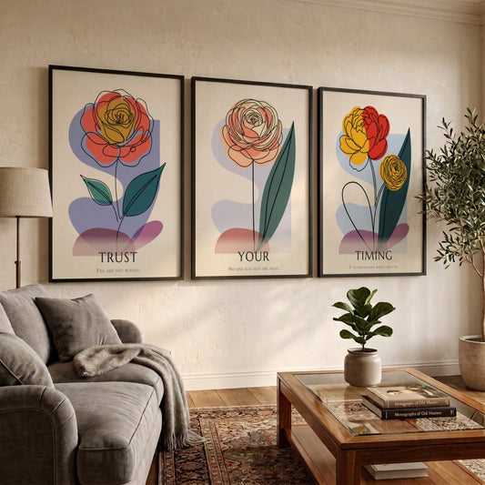Poster set featuring three minimalist flowers with the text Trust Your Timing displayed