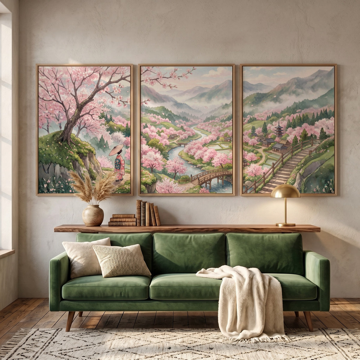 Three framed landscape prints showing pink cherry blossoms, winding rivers, and mountains in Japan.