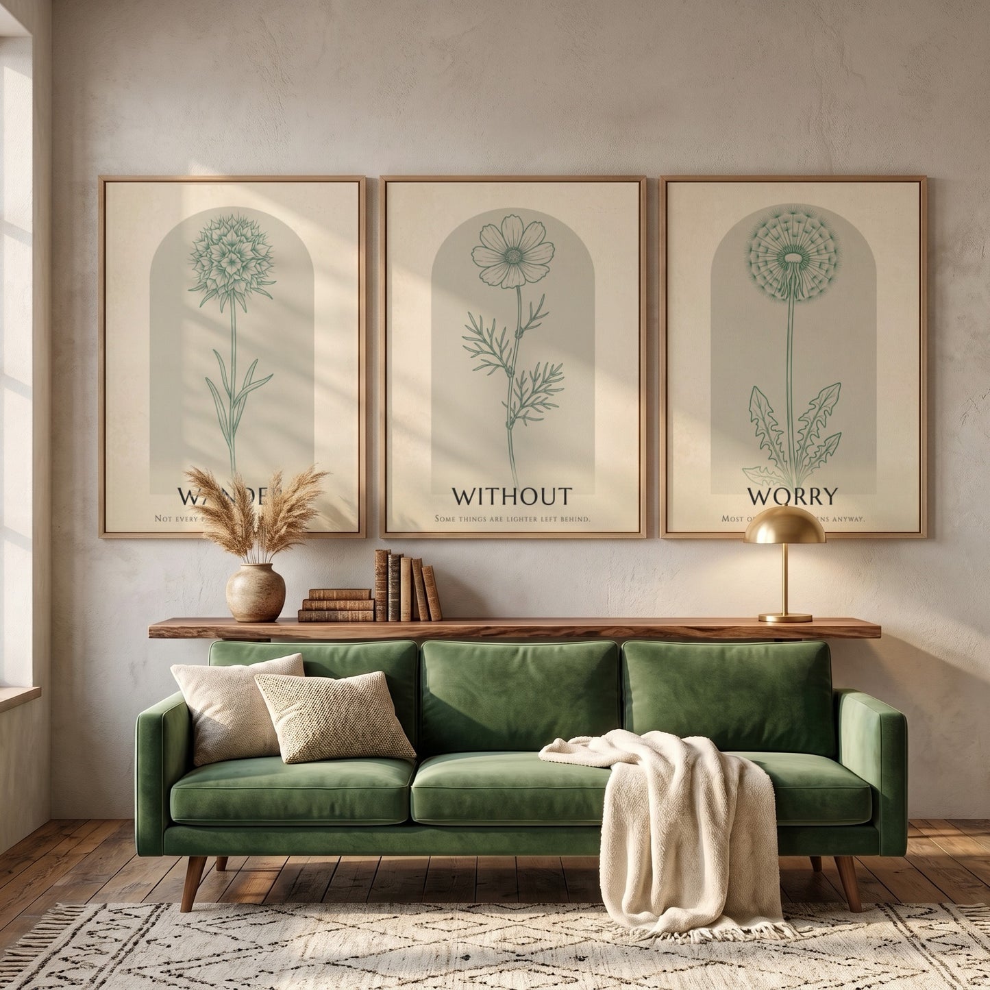 Poster set displaying three sage green wildflower illustrations within arched frames on beige.