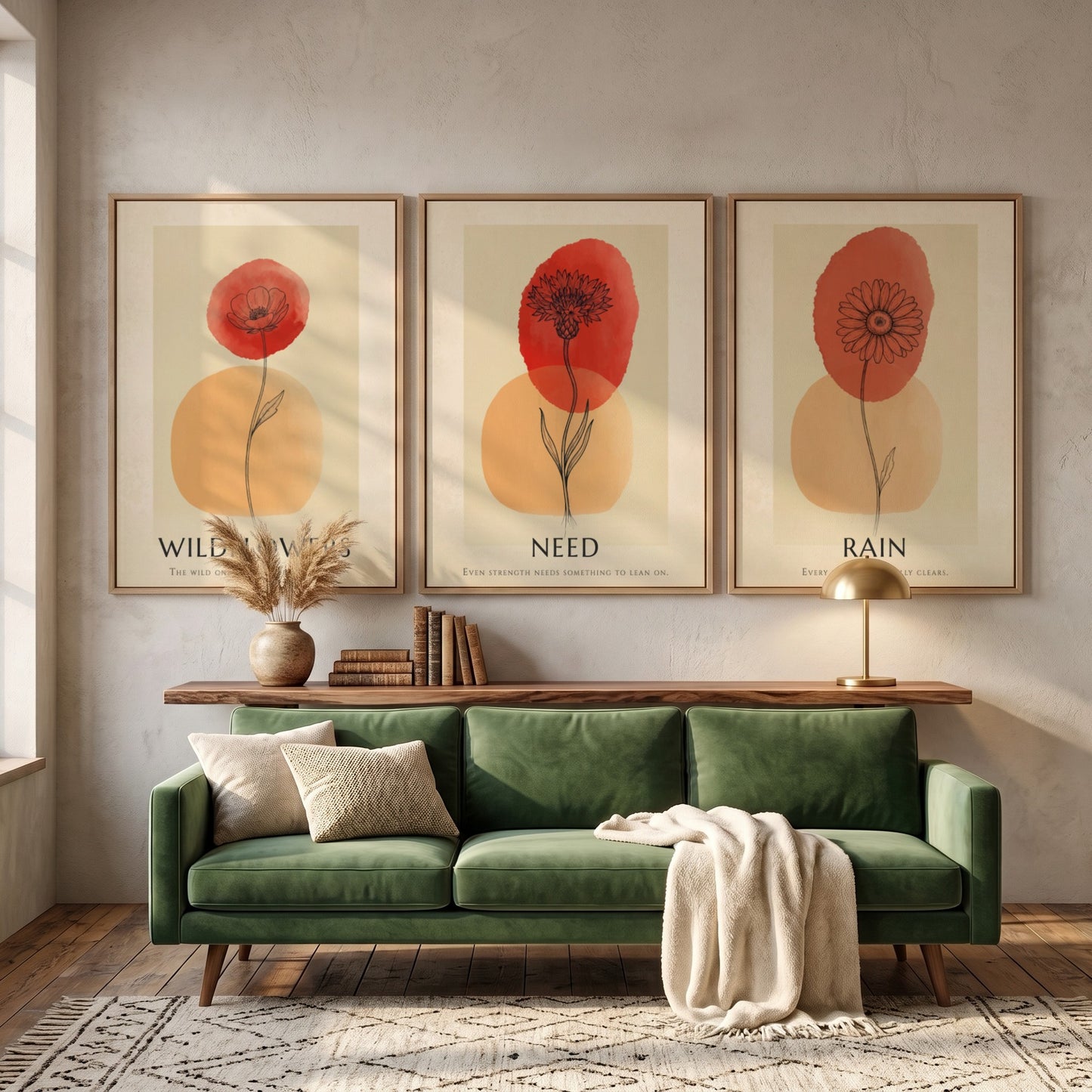 Poster trio featuring Rain Need Wildflowers text with delicate floral ink illustrations and terracotta.