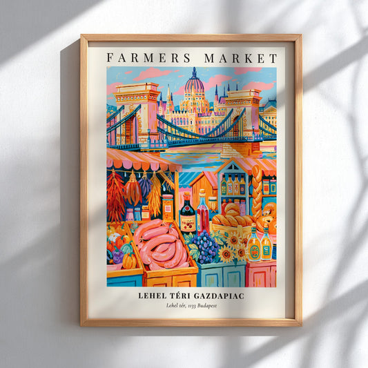 Lehel Téri Gazdapiac poster featuring colorful fruits and vegetables in a vibrant market scene