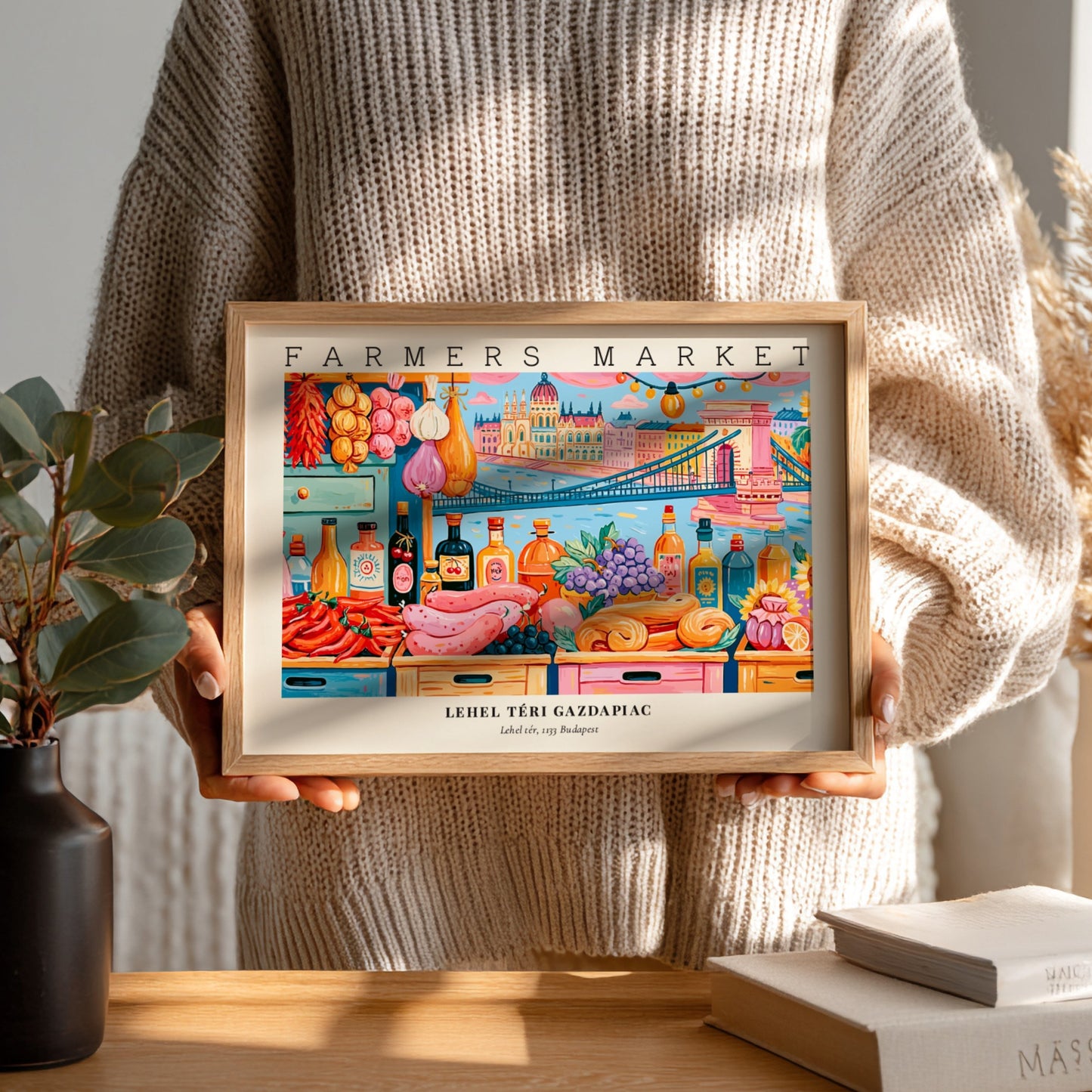 Farmers market poster featuring colorful produce and Budapest skyline