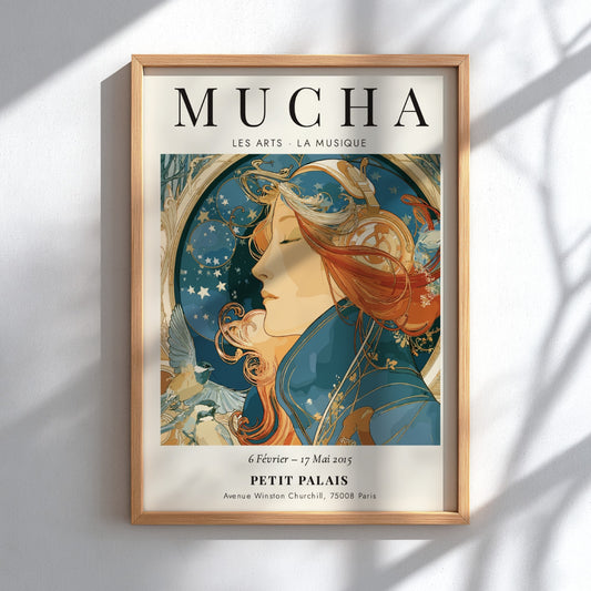 Les Arts - La Musique poster featuring Alphonse Mucha's Art Nouveau style with rich colors and musical motifs