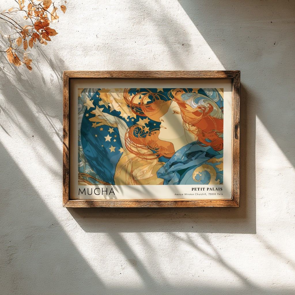 Wall art poster featuring Alphonse Mucha Petit Palais design with golden stars and figure