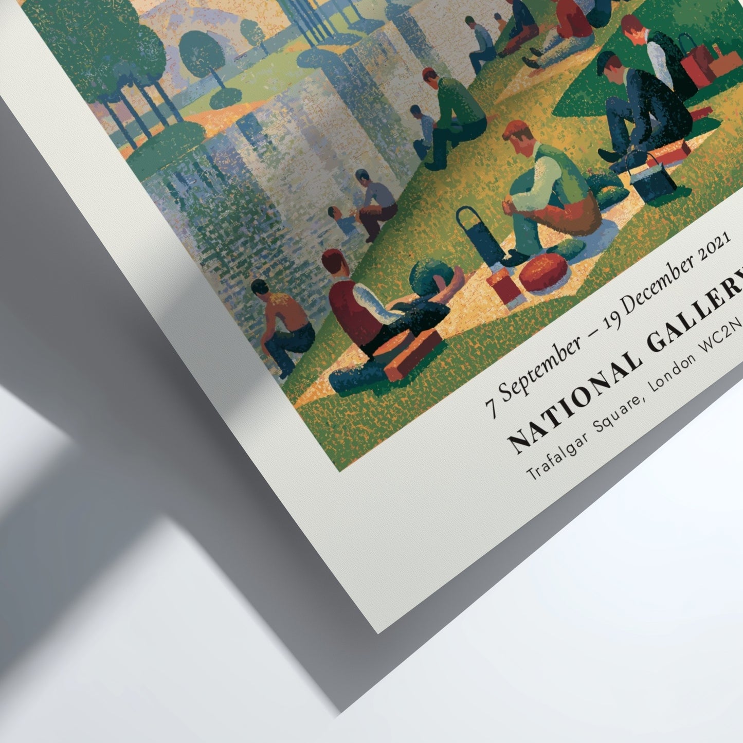 Seurat exhibition poster featuring Les Baigneurs - Asnières with serene riverside scene and soft colors