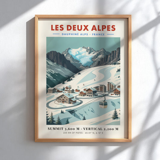 Les Deux Alpes ski resort poster featuring vintage style, snow-covered mountains, and charming chalets in