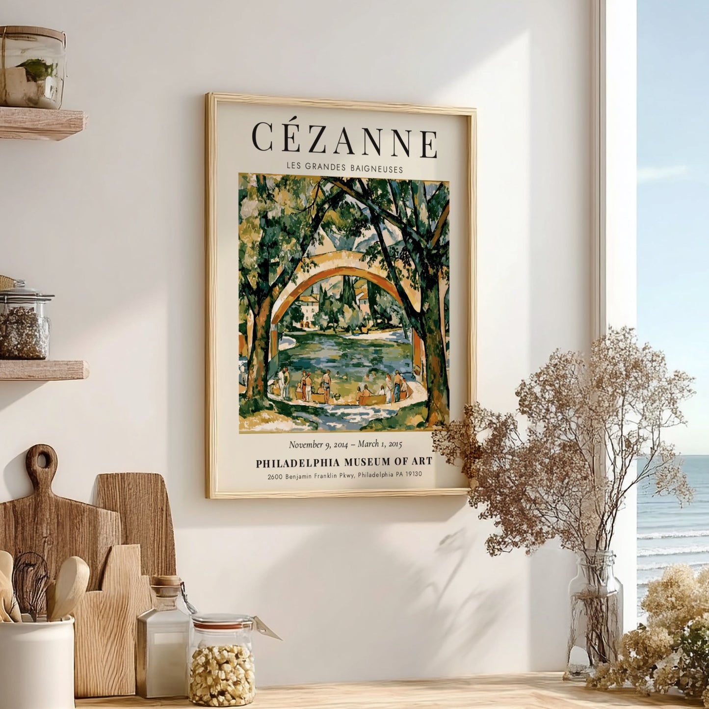 Cézanne Exhibition Poster featuring Les Grandes Baigneuses in vibrant colors and impressionist style