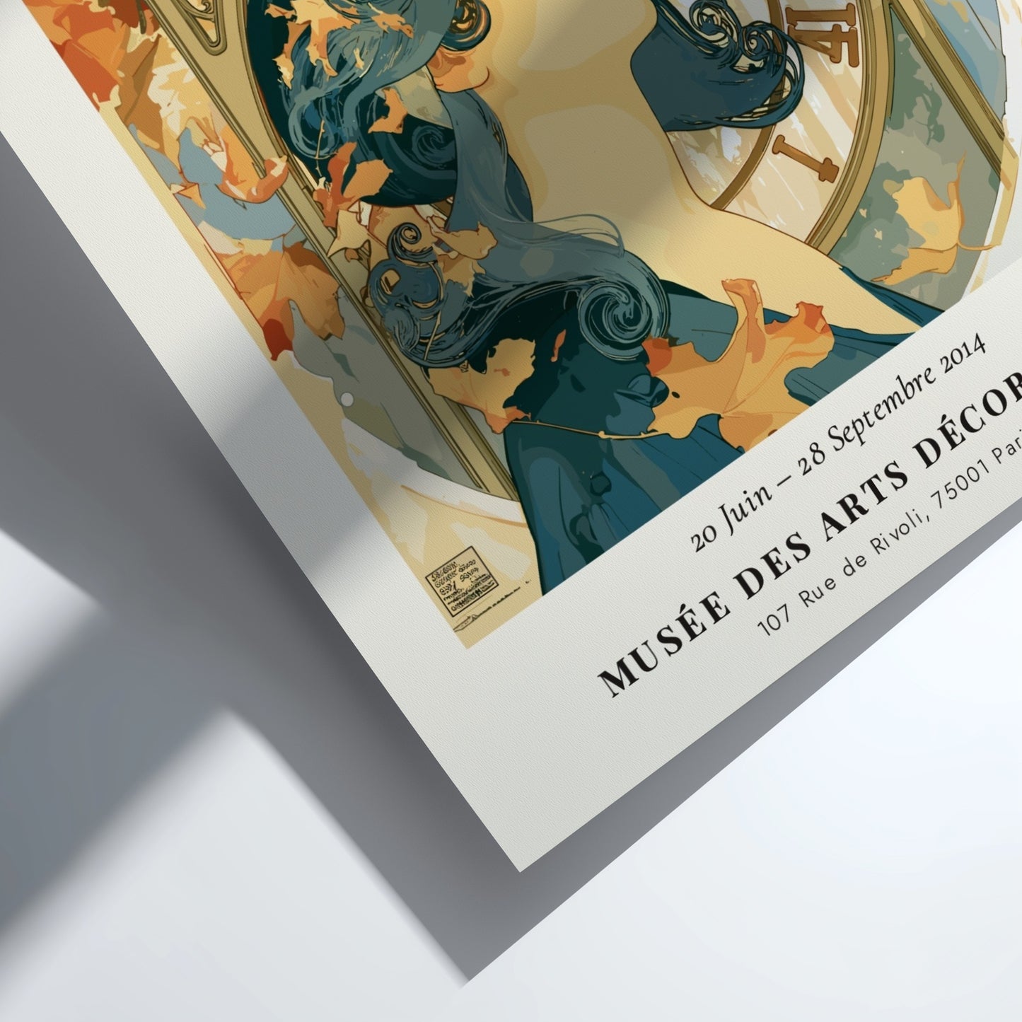 Les Heures du Jour poster featuring Alphonse Mucha's art style with warm autumn colors and elegant figure