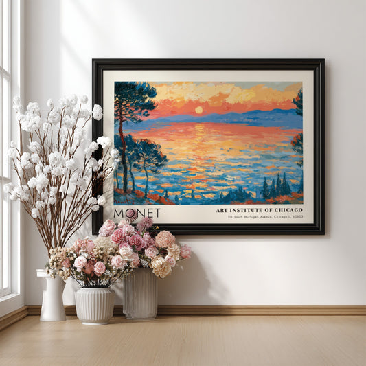Wall art print of Monet's Les Pins d'Antibes featuring vibrant sunset colors and impressionistic style
