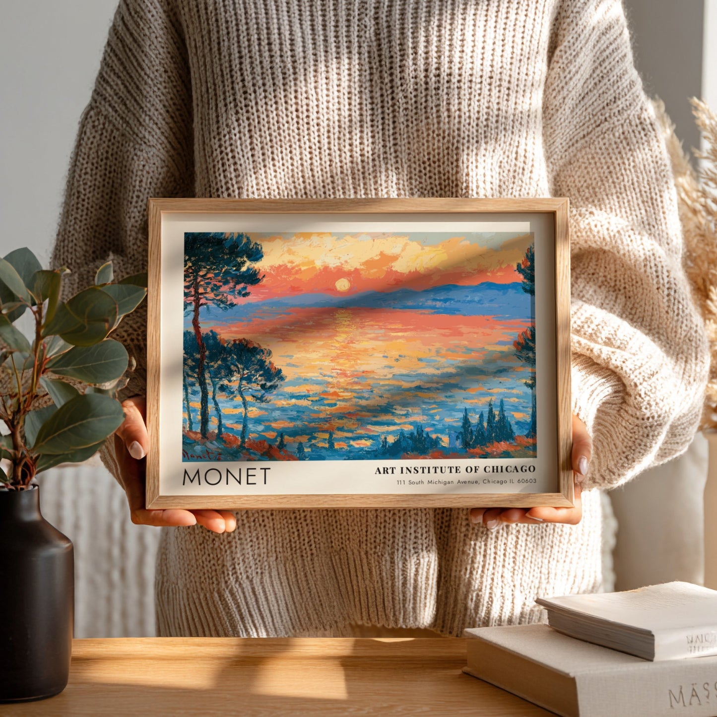 Wall art print of Monet's Les Pins d'Antibes featuring vibrant sunset colors and impressionistic style