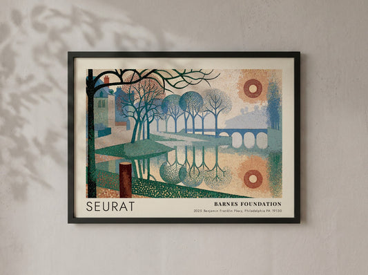 Wall art poster featuring a Seurat landscape painting with river, trees, and bridge.