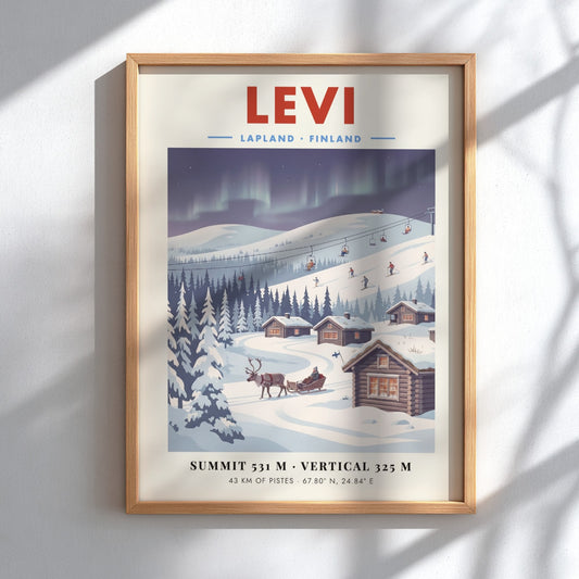 Levi ski resort poster featuring snowy landscape, cabins, and Northern Lights in vintage style