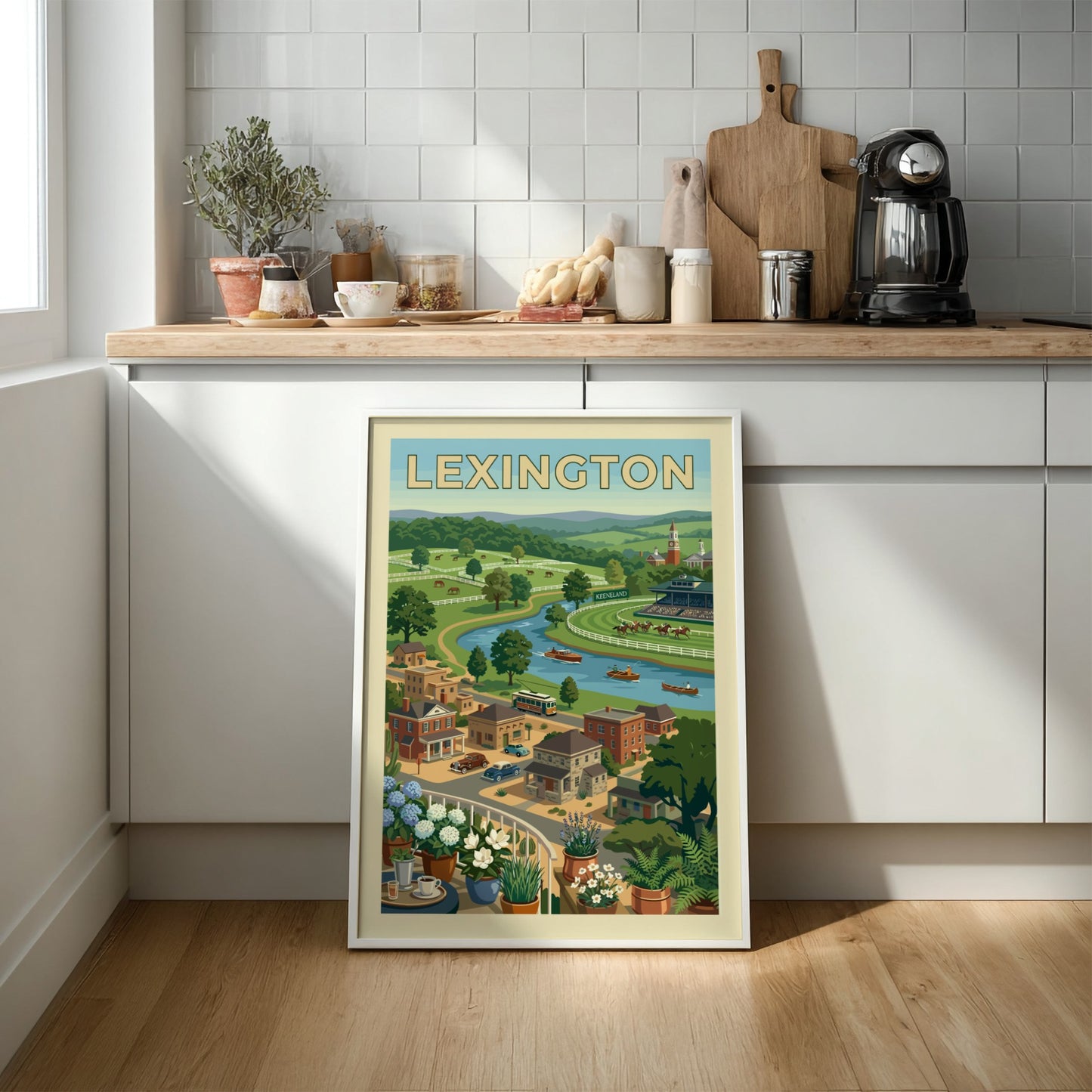 Vintage illustration art print of Lexington, Kentucky, showcasing rolling hills, a river, racecourse, and