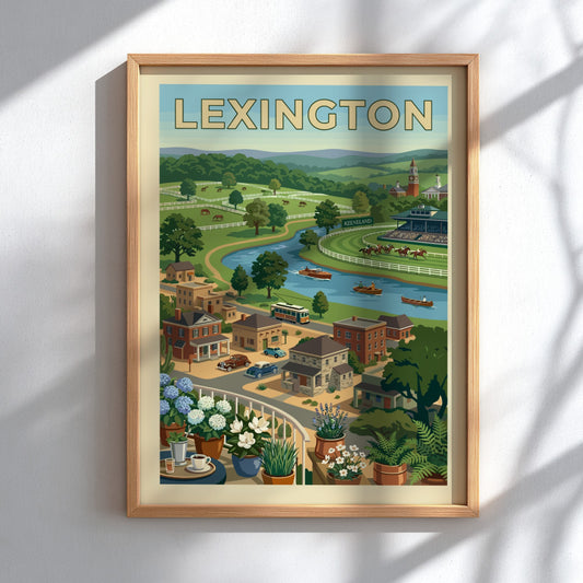 Vintage illustration art print of Lexington, Kentucky, showcasing rolling hills, a river, racecourse, and