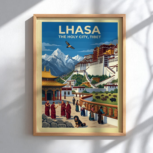 Vintage travel poster of Lhasa with the Potala Palace, monks, and mountain scenery.