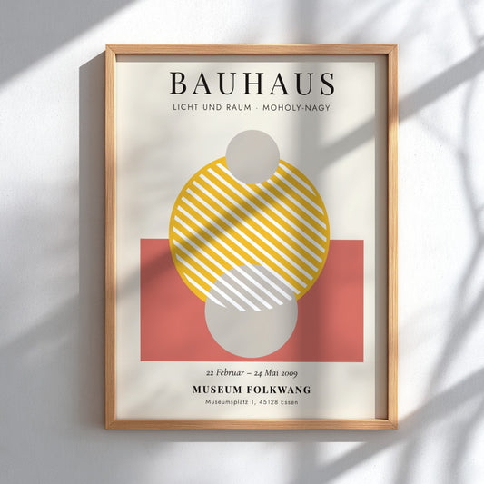 Bauhaus poster featuring geometric shapes in warm colors and modern design elements