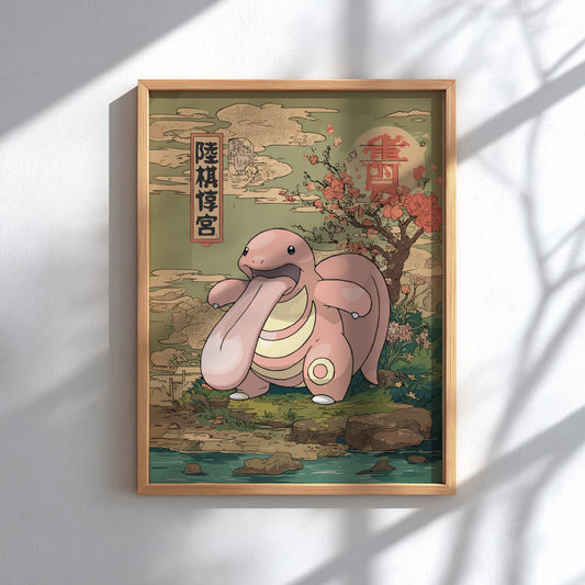 Framed artwork of Lickitung Pokemon in a traditional Japanese setting with cherry blossoms.