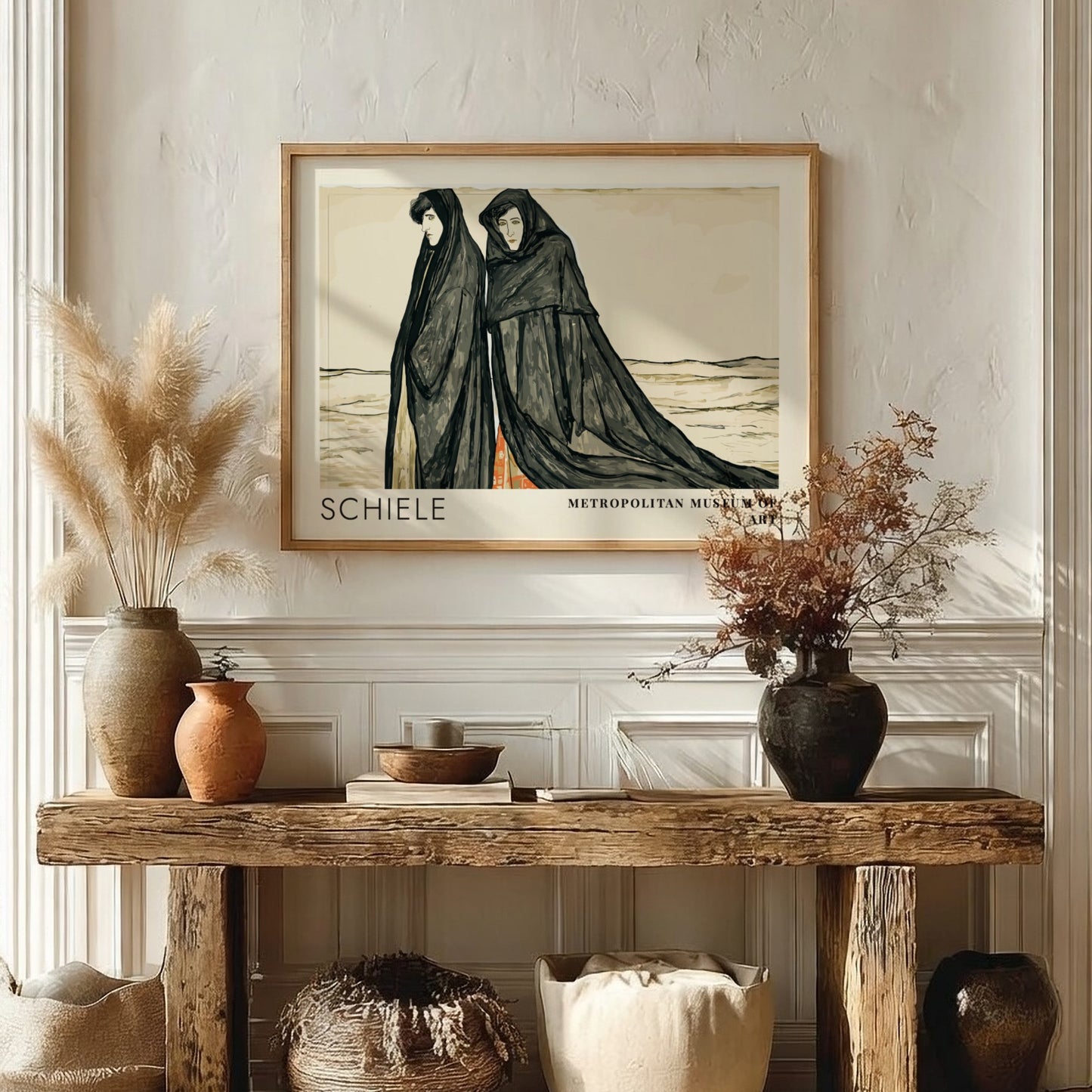 Wall art poster featuring Egon Schiele Metropolitan Museum exhibition design with two cloaked figures