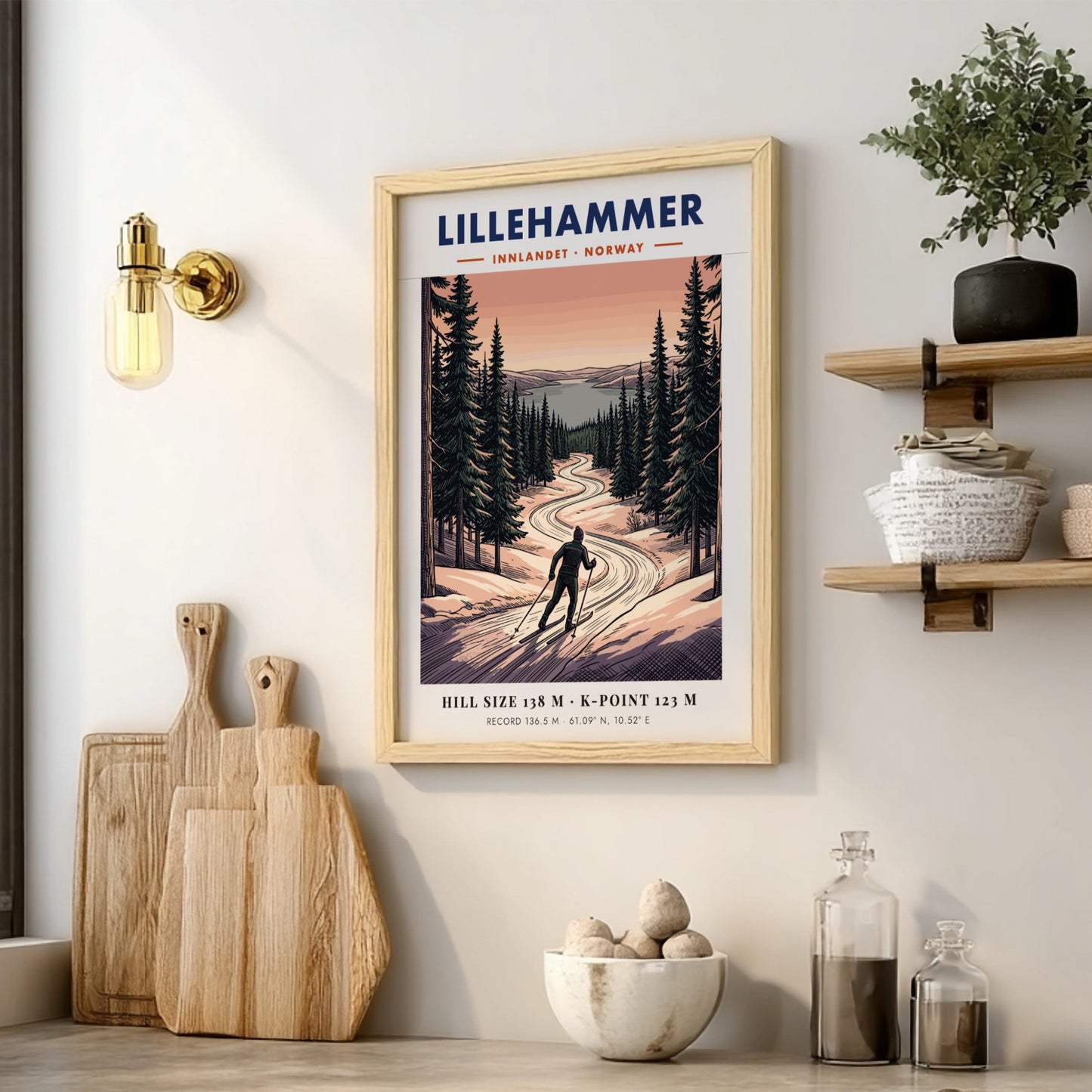 Poster of a cross-country skier on a winding snowy trail in Lillehammer Norway