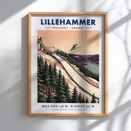 Poster of the Lillehammer ski jump with a jumper in flight over forests.