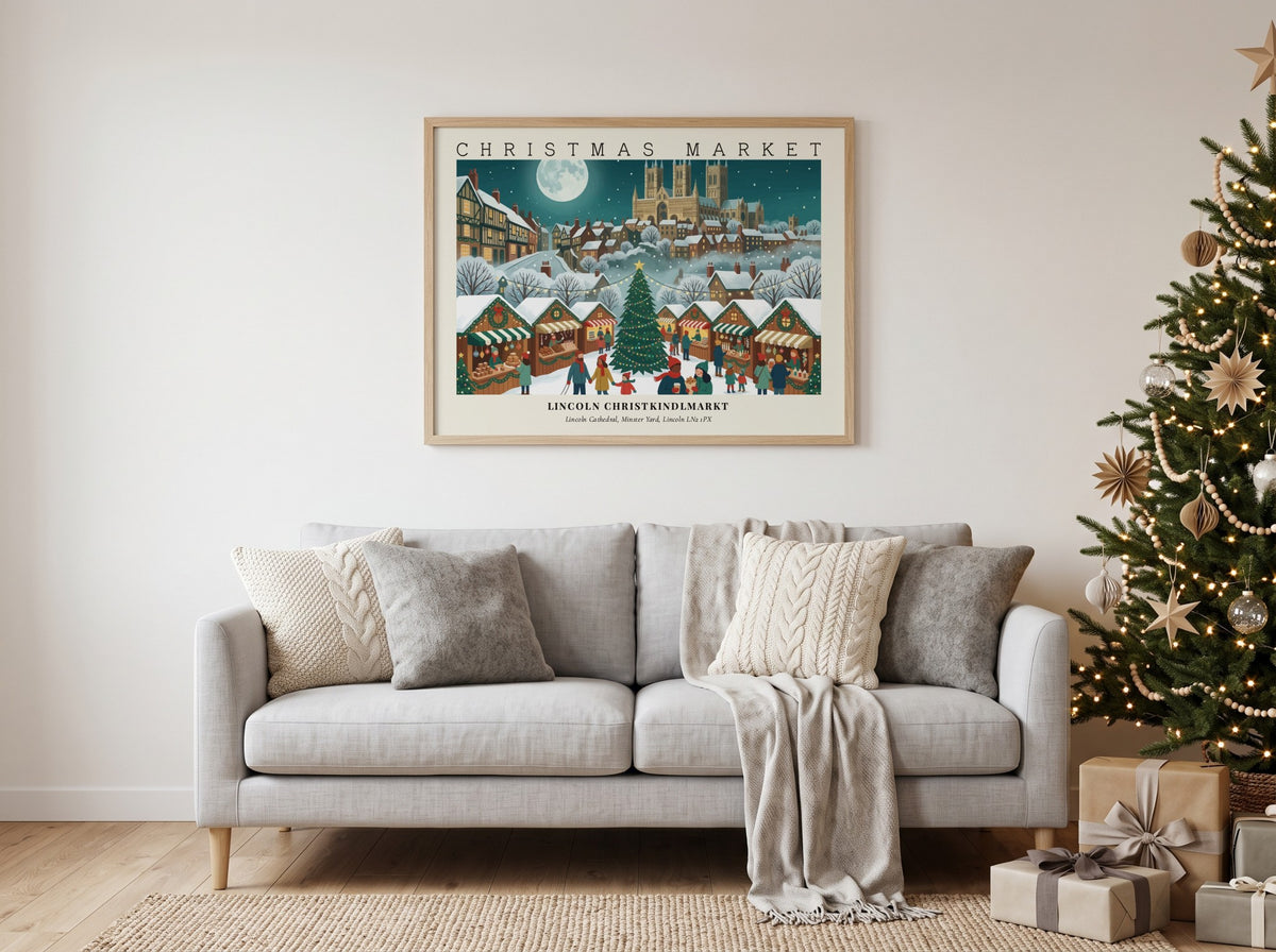 Christmas market poster featuring the Lincoln Christkindlmarkt with a snowy cathedral and tree.