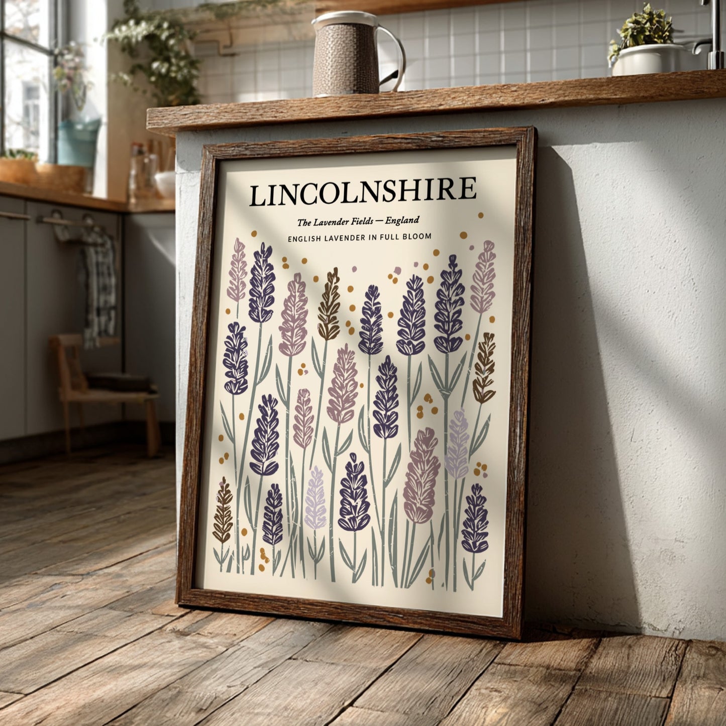 Kitchen poster featuring lavender fields in soft purples and greens, floral decor design for home