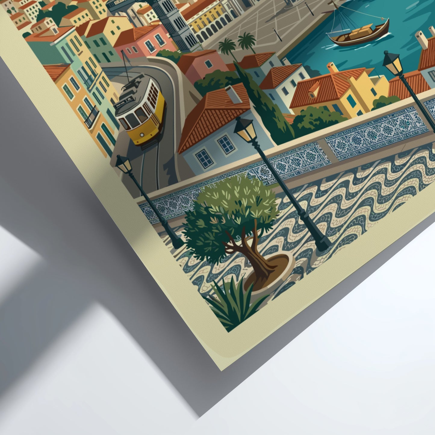 Lisbon travel poster featuring a vintage illustration of the city's waterfront, tram, and architecture.