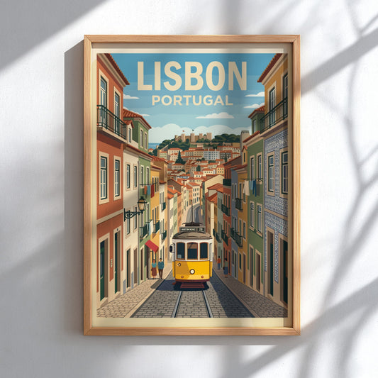 Lisbon Portugal travel poster featuring a yellow tram on a cobblestone street scene