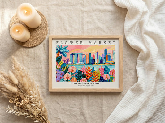 Flower market poster showcasing Little India's skyline with vibrant floral elements in warm colors