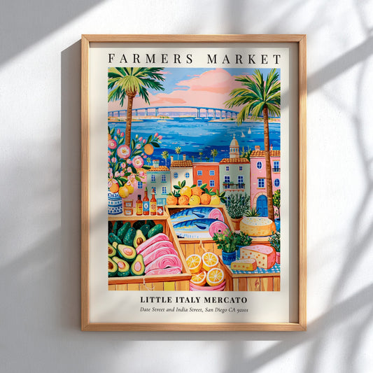 Farmers market poster featuring colorful produce and San Diego waterfront