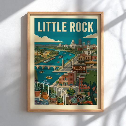Retro art print of the Little Rock skyline, featuring the Capitol Building and Arkansas River.