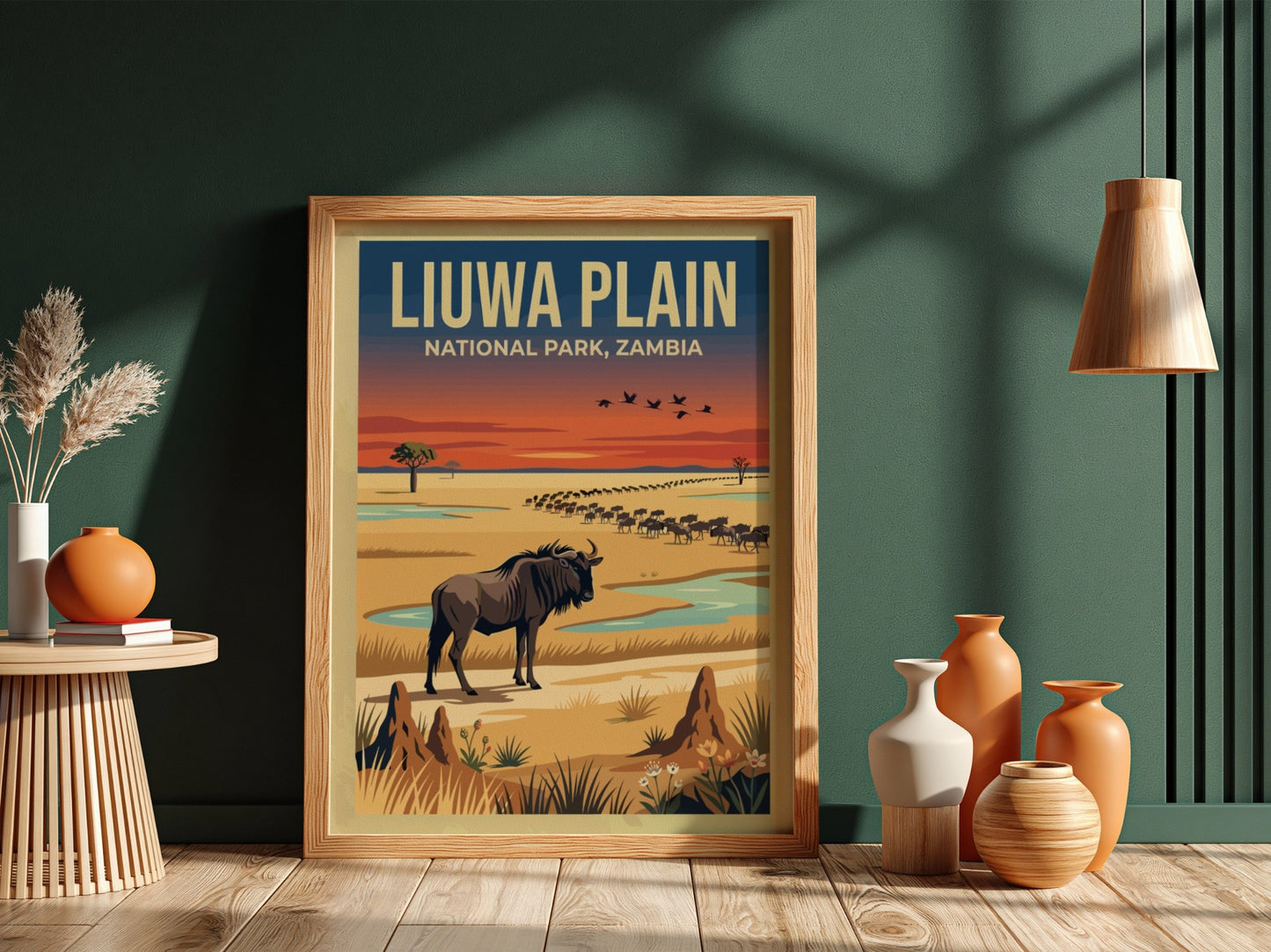 Liuwa Plain poster featuring a wildebeest in vibrant colors, nature decor, wildlife art
