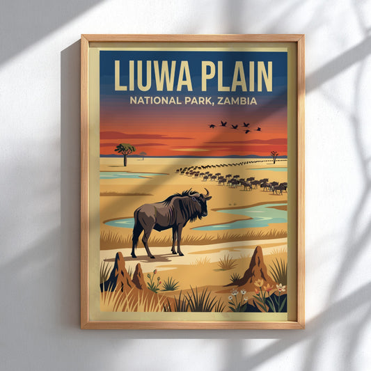 Liuwa Plain poster featuring a wildebeest in vibrant colors, nature decor, wildlife art