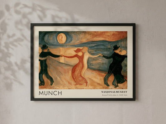 Gallery poster of Edvard Munch The Dance of Life framed in light wood grain.