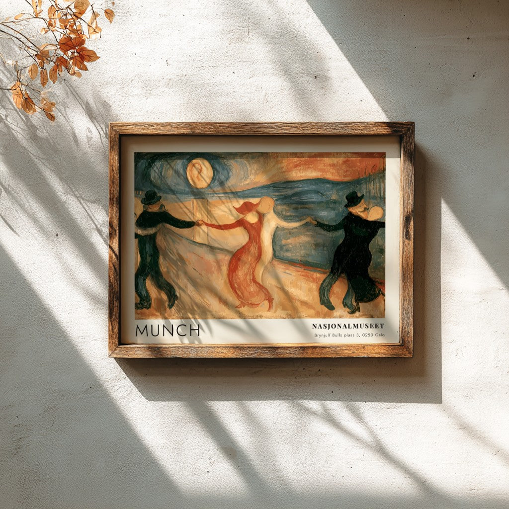Gallery poster of Edvard Munch The Dance of Life framed in light wood grain.