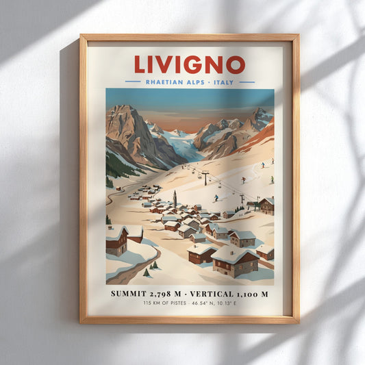 Livigno ski resort poster featuring snow-covered mountains and chalets in vintage style